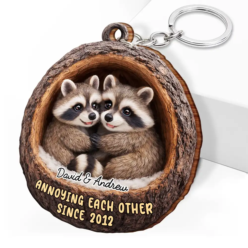3D Effect Couple Raccoon Annoying Each Other - Personalized Wooden Keychain - Image 2