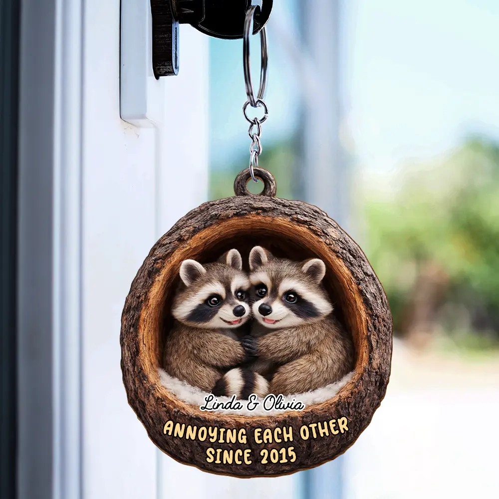 3D Effect Couple Raccoon Annoying Each Other - Personalized Wooden Keychain - Image 3