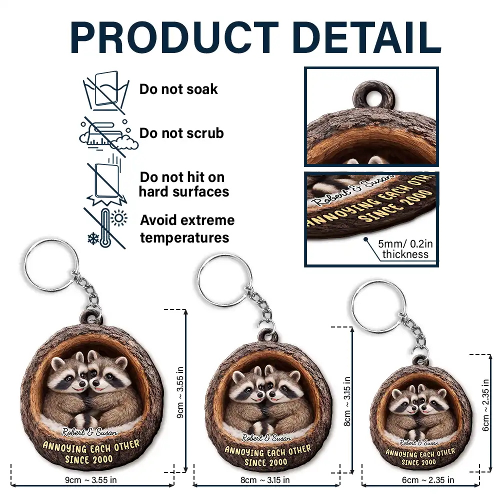 3D Effect Couple Raccoon Annoying Each Other - Personalized Wooden Keychain - Image 5
