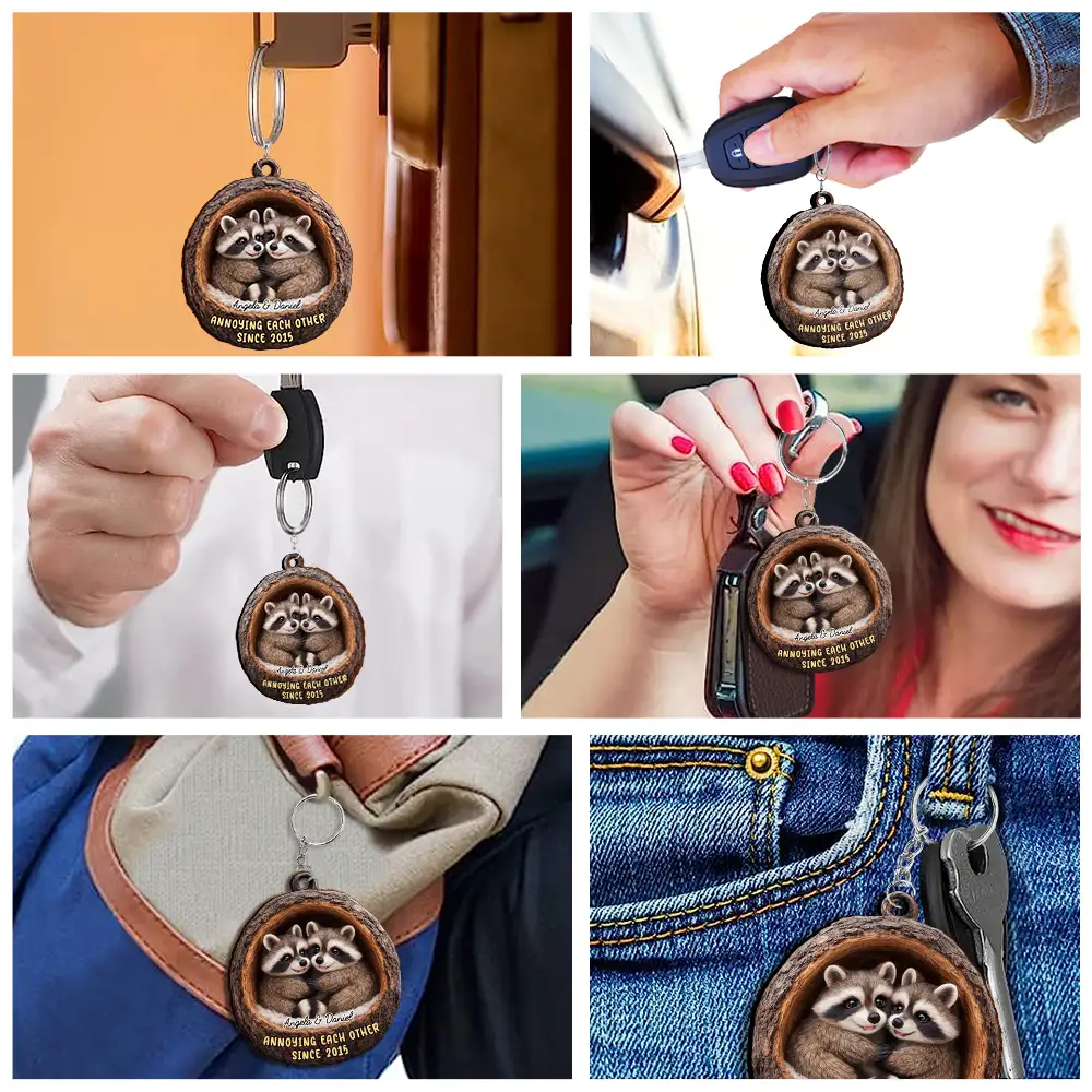 3D Effect Couple Raccoon Annoying Each Other - Personalized Wooden Keychain - Image 6