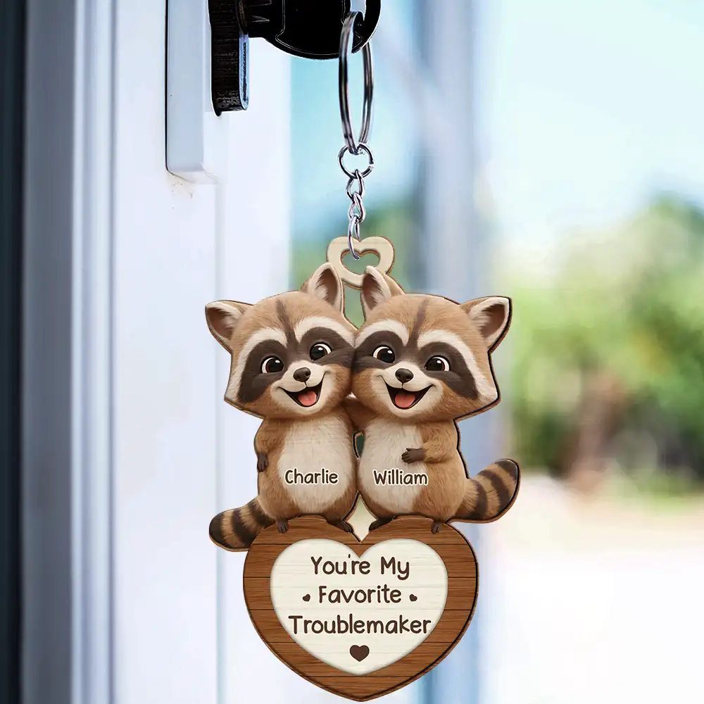 3D Effect Couple Raccoon You're Weird I'll Keep You - Personalized Wooden Keychain - Image 3
