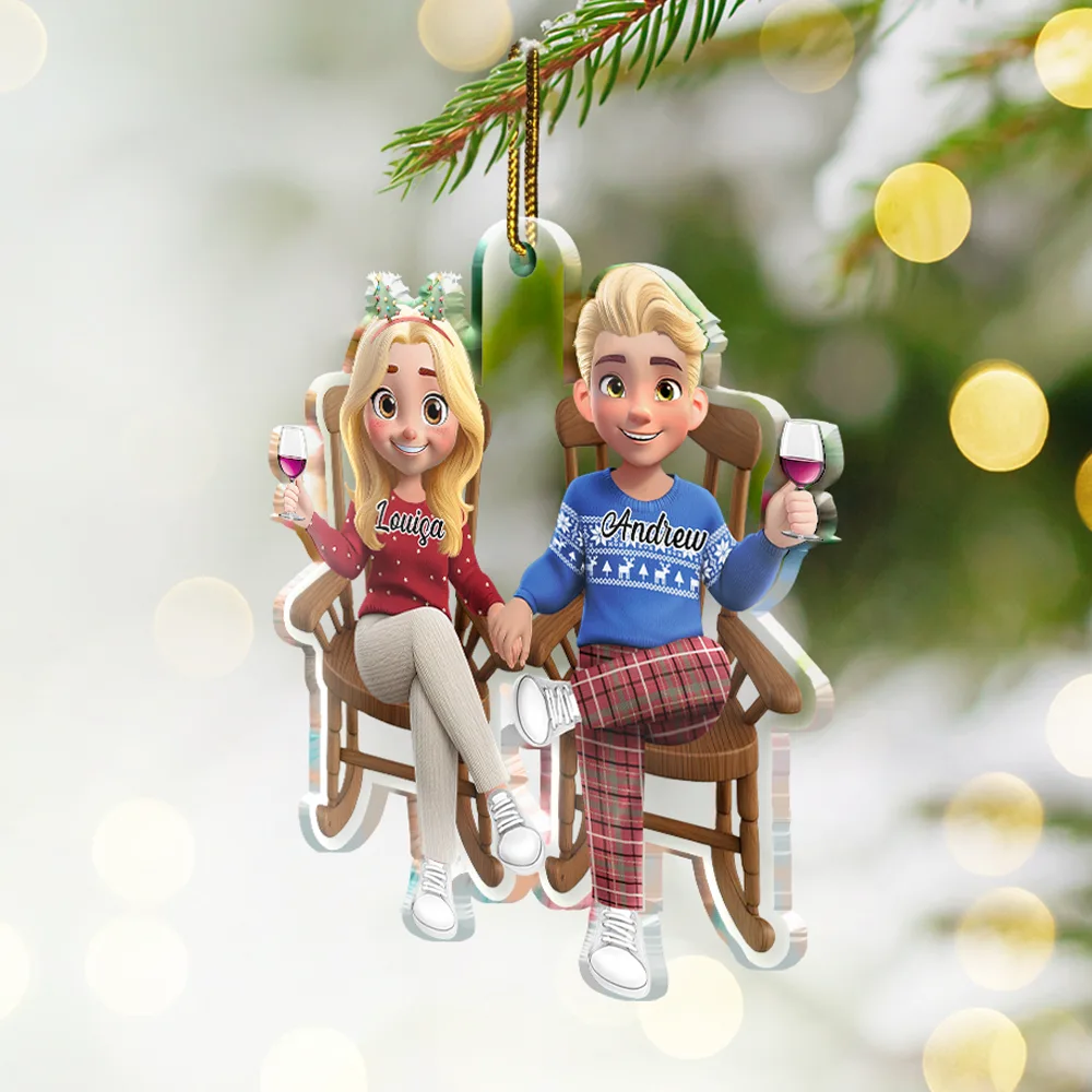 3D Effect Couple Sitting And Holding Hand - Personalized Custom Shaped Acrylic Ornament - Image 2