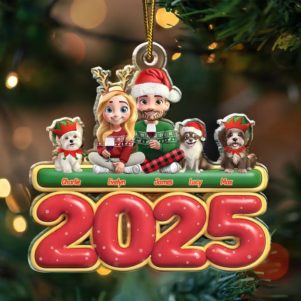 3D Effect Couple Sitting With Dogs - Personalized Custom Shaped Acrylic Ornament - Image 3