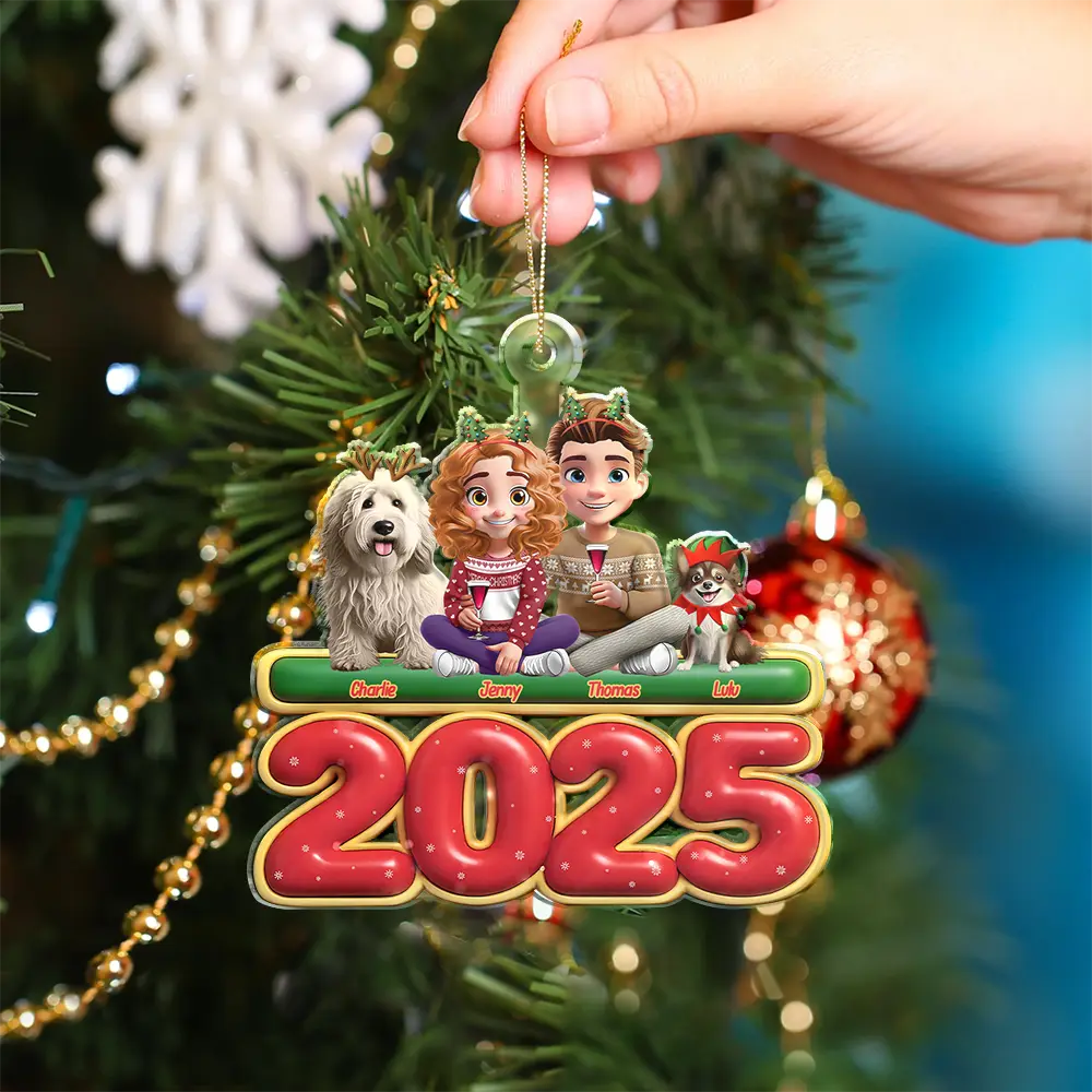 3D Effect Couple Sitting With Dogs - Personalized Custom Shaped Acrylic Ornament - Image 4