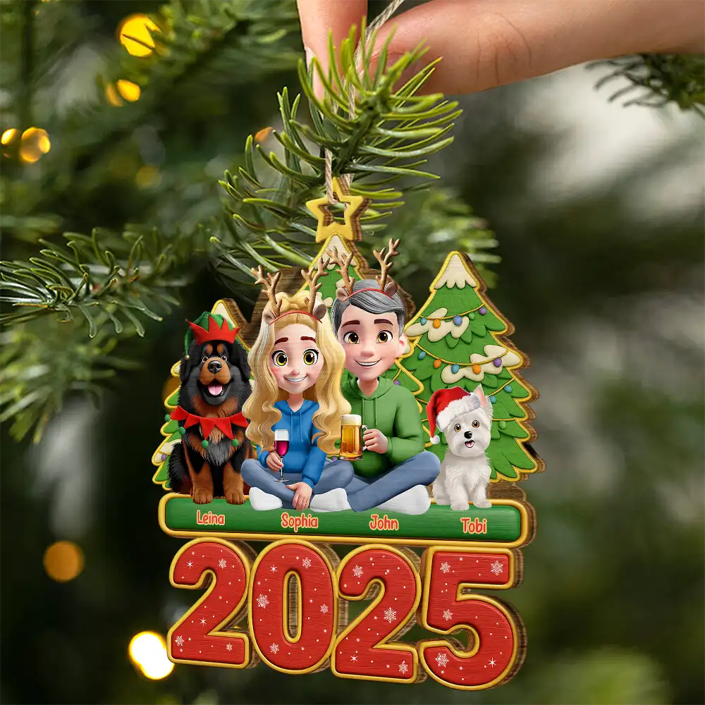 3D Effect Couple Sitting With Dogs - Personalized Custom Shaped Wooden Ornament - Image 2
