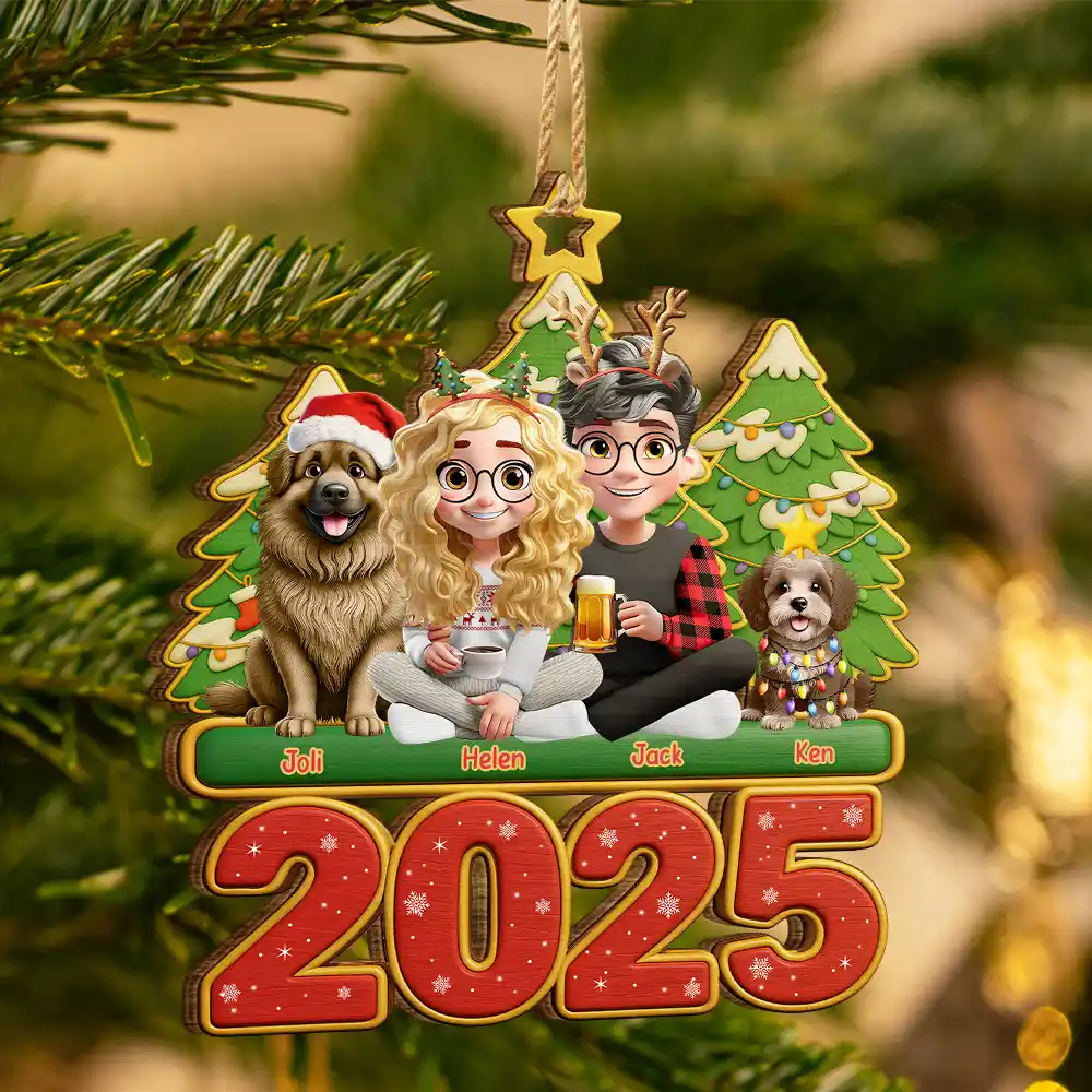 3D Effect Couple Sitting With Dogs - Personalized Custom Shaped Wooden Ornament - Image 3