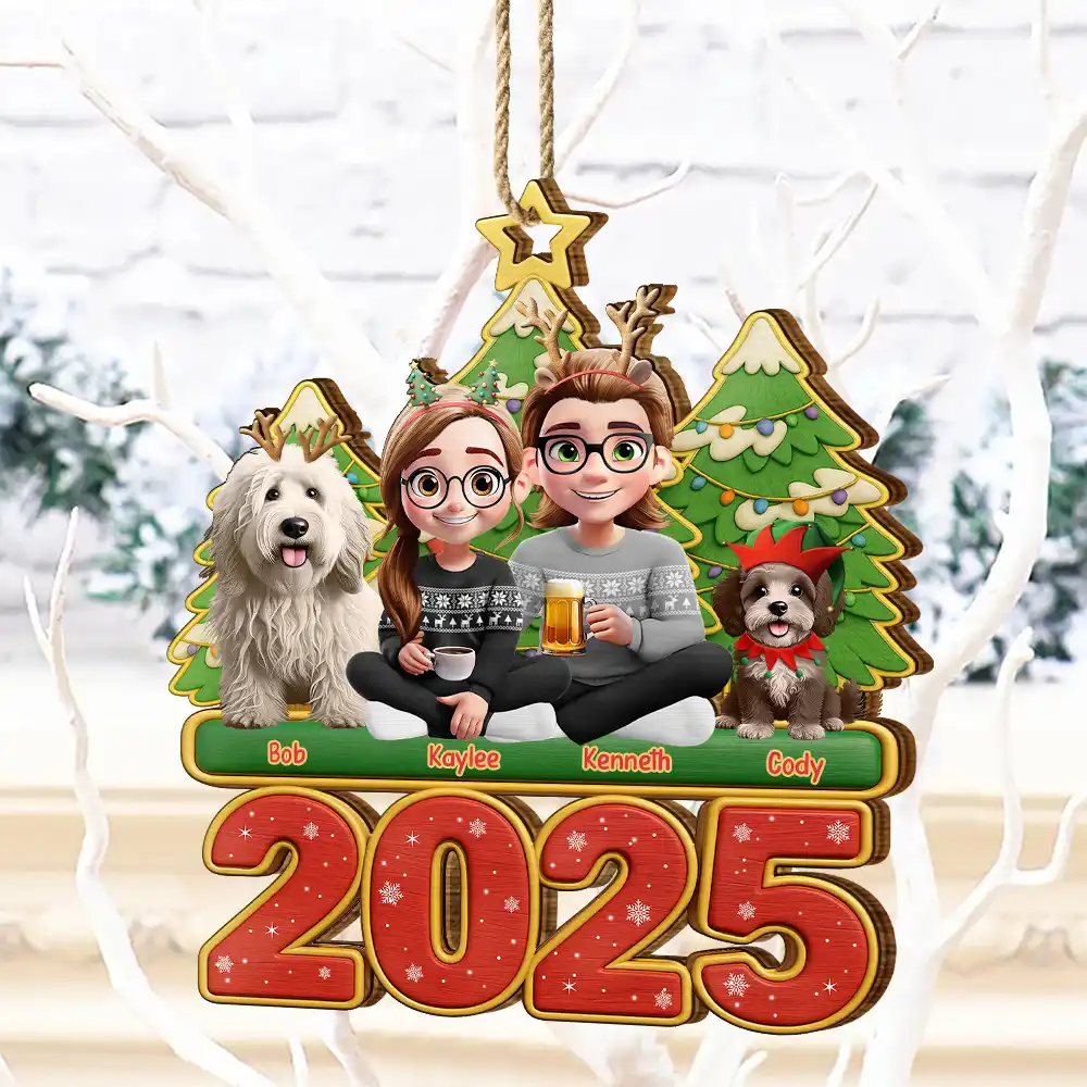 3D Effect Couple Sitting With Dogs - Personalized Custom Shaped Wooden Ornament - Image 4