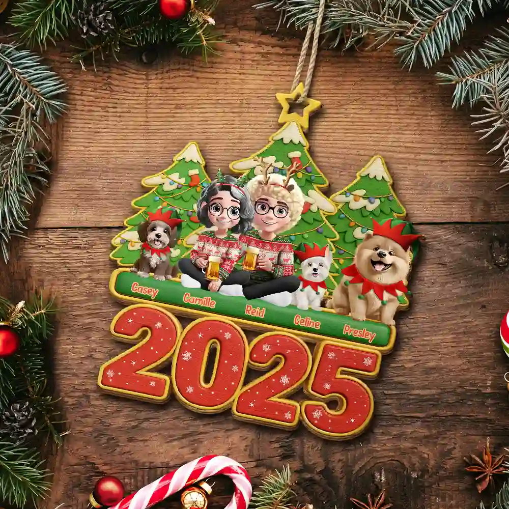 3D Effect Couple Sitting With Dogs - Personalized Custom Shaped Wooden Ornament - Image 5