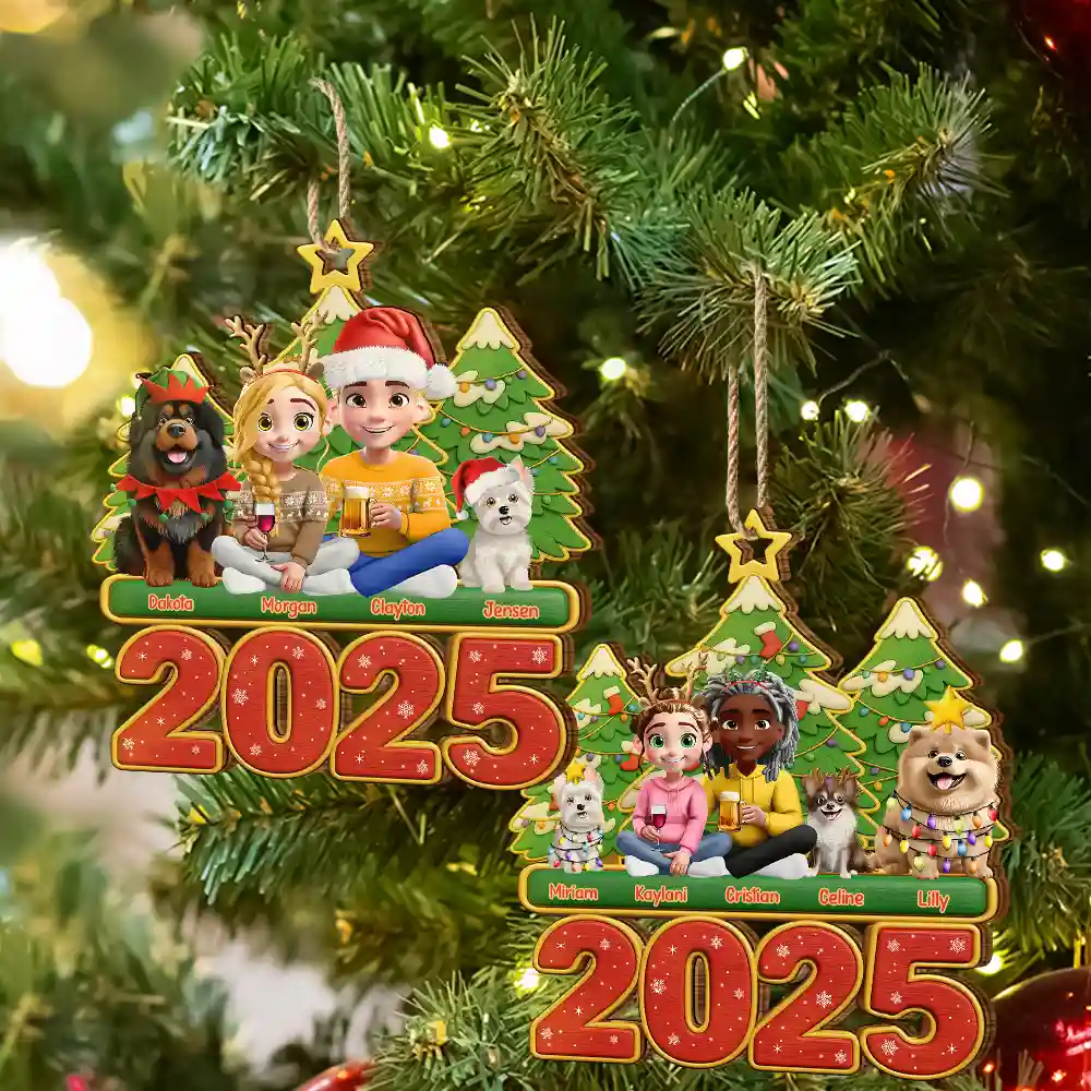 3D Effect Couple Sitting With Dogs - Personalized Custom Shaped Wooden Ornament - Image 6