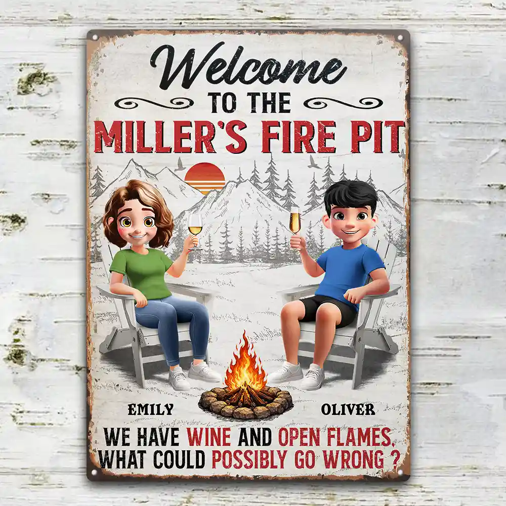 3D Effect Couple Welcome To Our Fire Pit - Personalized Classic Metal Signs - Image 2