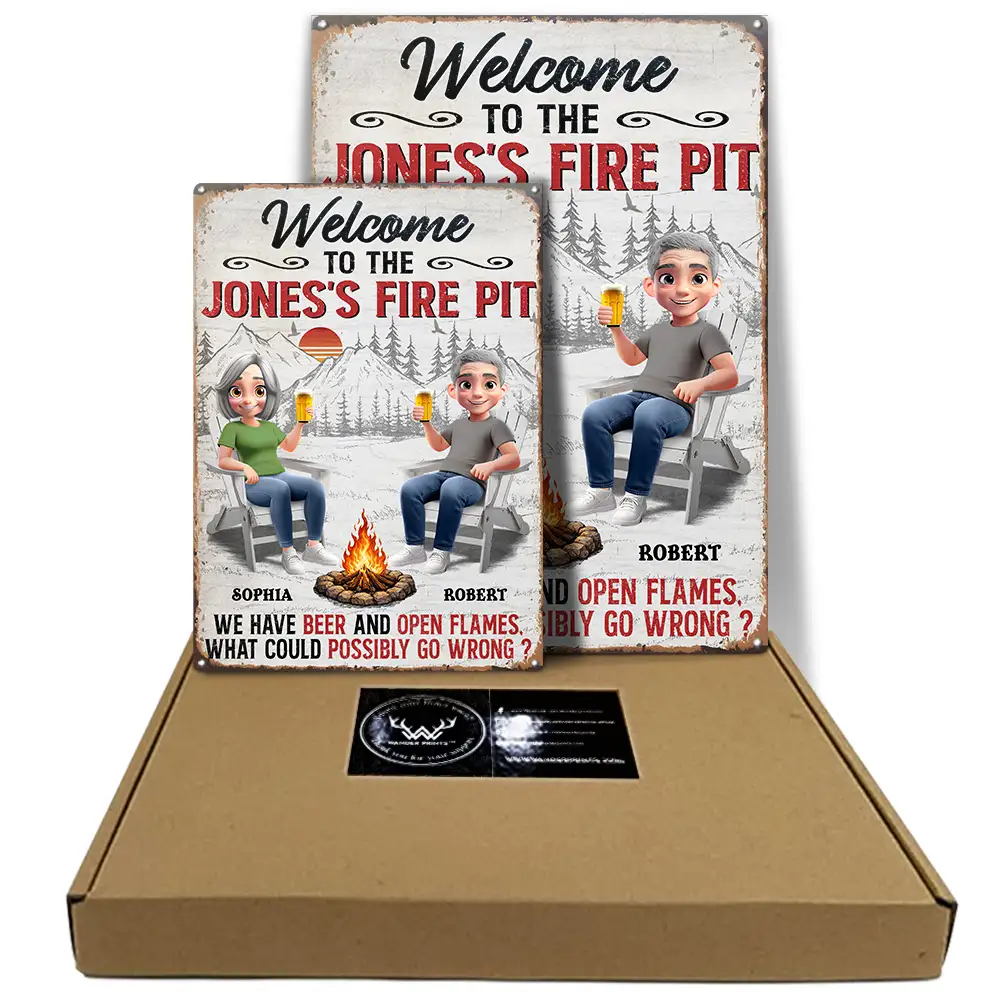 3D Effect Couple Welcome To Our Fire Pit - Personalized Classic Metal Signs - Image 5