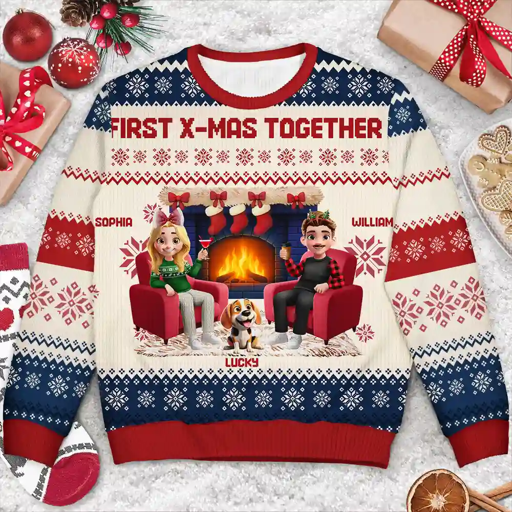 3D Effect Couple With Kids And Pets - Personalized Unisex Ugly Sweater - Image 3