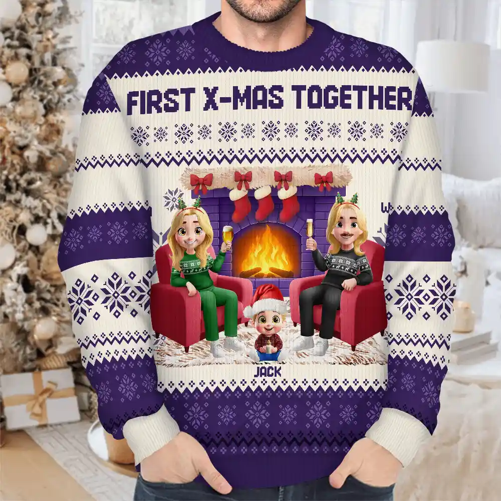 3D Effect Couple With Kids And Pets - Personalized Unisex Ugly Sweater - Image 4