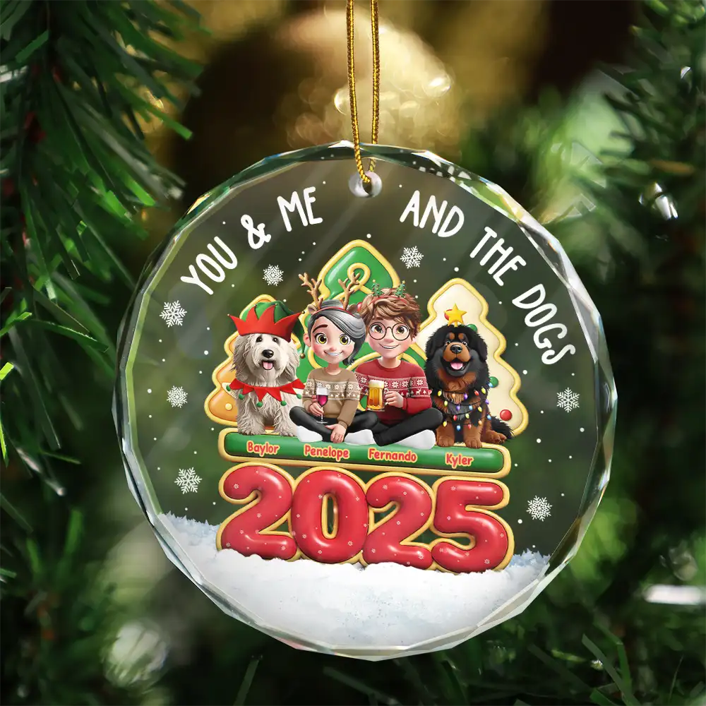 3D Effect Couple You And Me And The Dogs - Personalized Circle Glass Ornament - Image 3