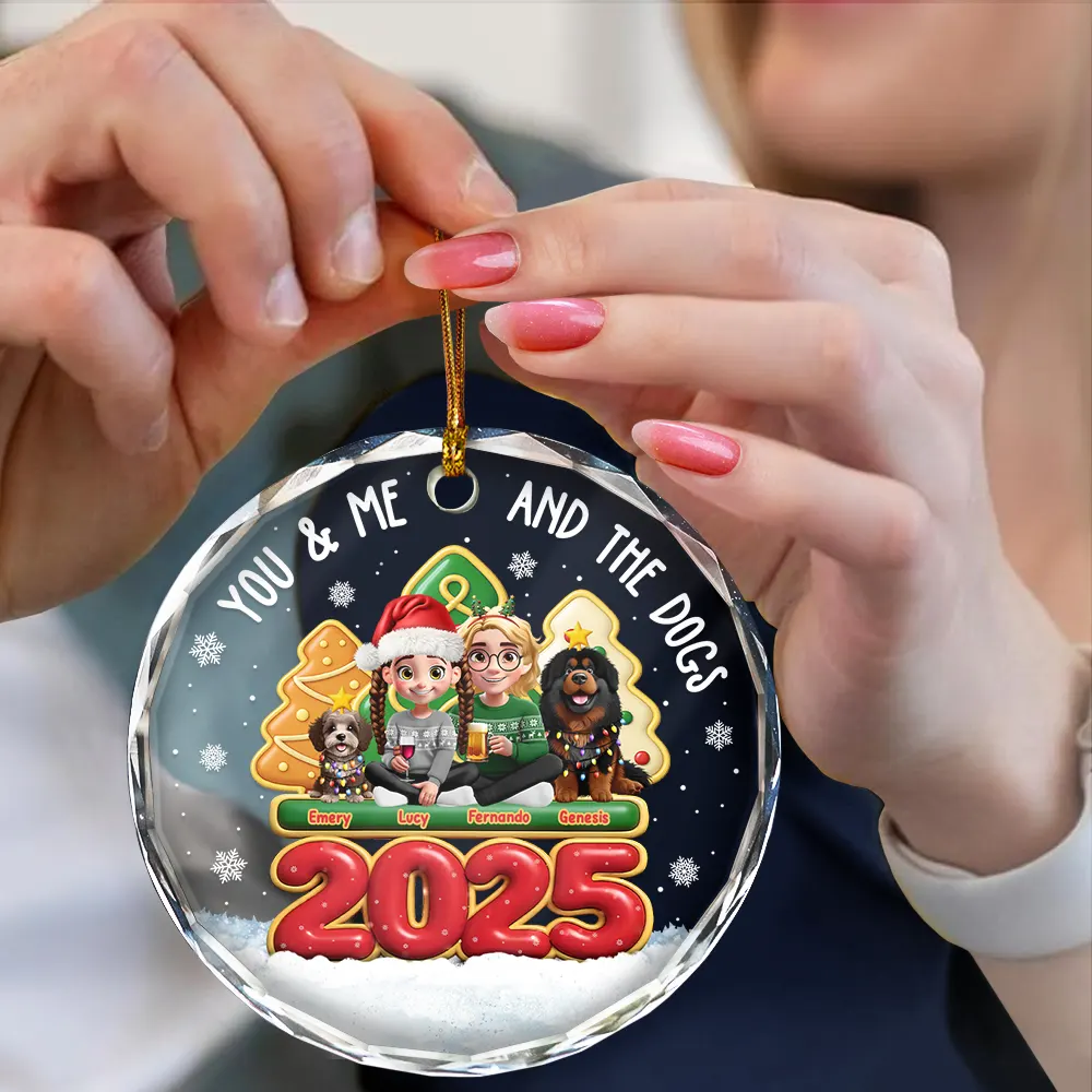 3D Effect Couple You And Me And The Dogs - Personalized Circle Glass Ornament - Image 4