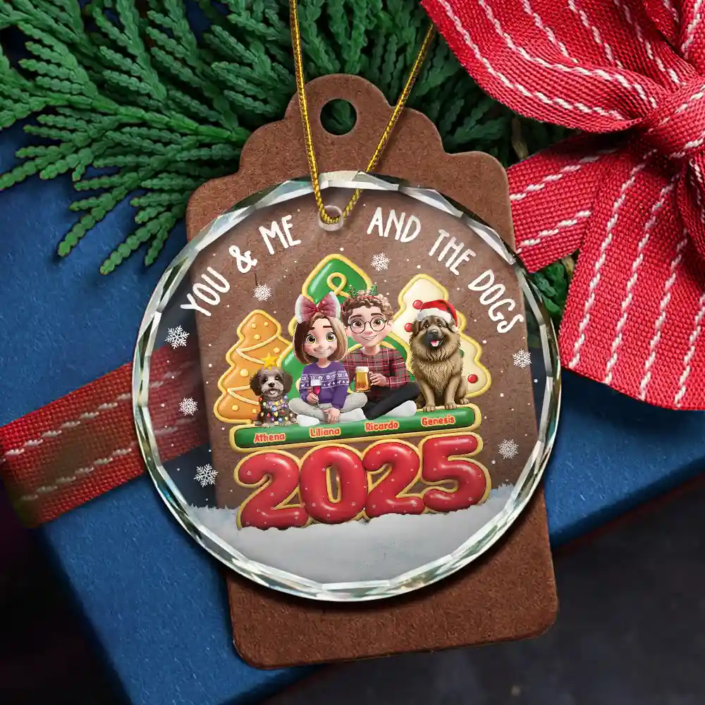 3D Effect Couple You And Me And The Dogs - Personalized Circle Glass Ornament - Image 5