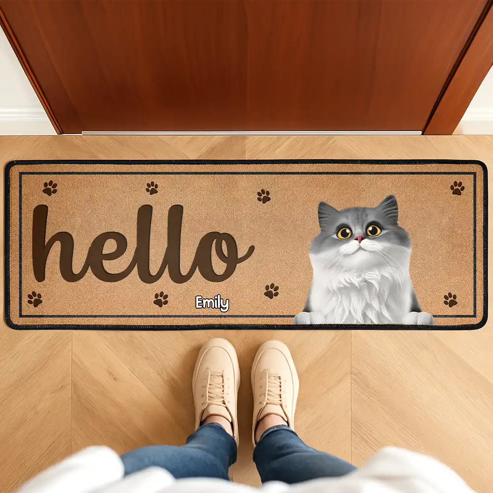 3D Effect Dog Cat Hello Welcome To Our Home - Personalized Runner Rug - Image 2
