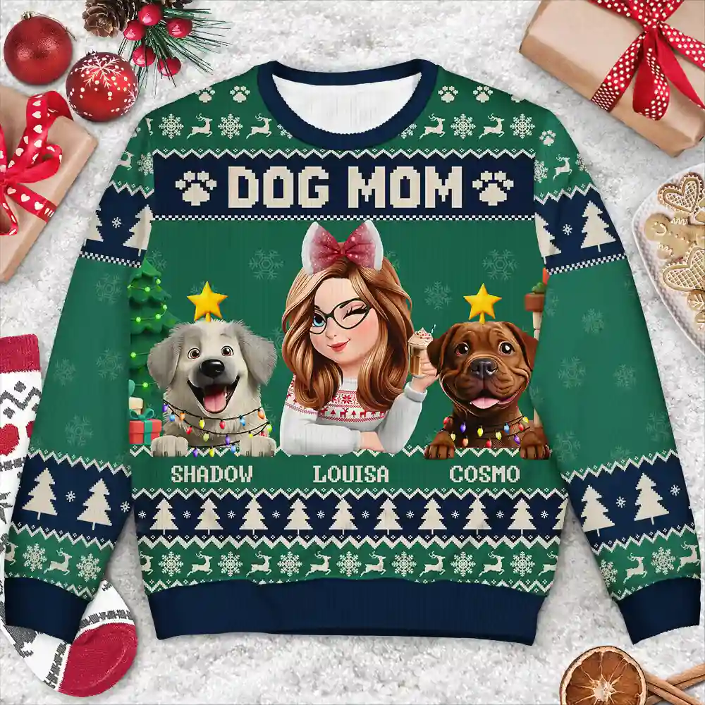 3D Effect Dog Mom Christmas - Personalized Unisex Ugly Sweater - Image 2
