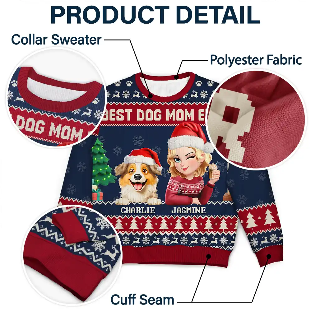 3D Effect Dog Mom Christmas - Personalized Unisex Ugly Sweater - Image 5