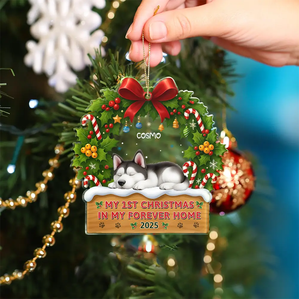 3D Effect Dog My 1st Christmas In My Forever Home - Personalized Custom Shaped Acrylic Ornament - Image 4
