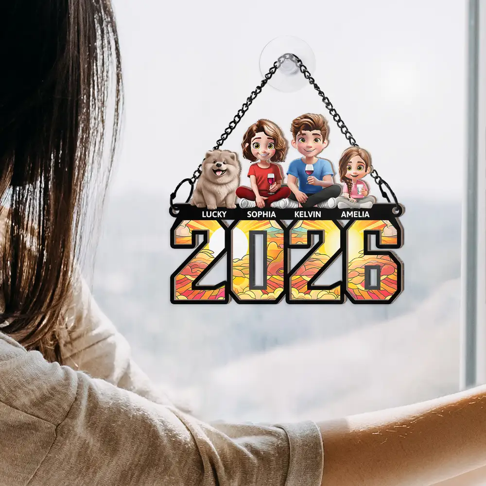 3D Effect Family And Dog Cat - Personalized Window Hanging Suncatcher Ornament - Image 4
