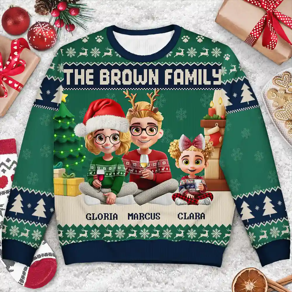 3D Effect Family Merry Christmas - Personalized Unisex Ugly Sweater - Image 3