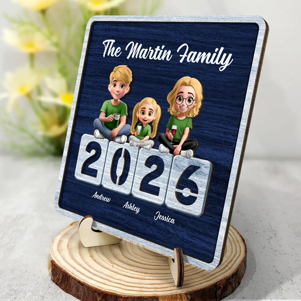3D Effect Family Sitting Together - Personalized 2-Layered Wooden Plaque With Stand - Image 2