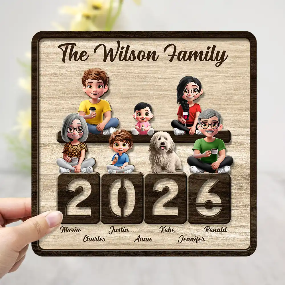 3D Effect Family Sitting Together - Personalized 2-Layered Wooden Plaque With Stand - Image 3