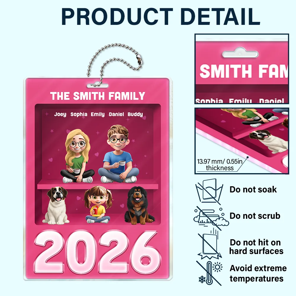3D Effect Family Sitting Together - Personalized Acrylic Car Hanger - Image 5