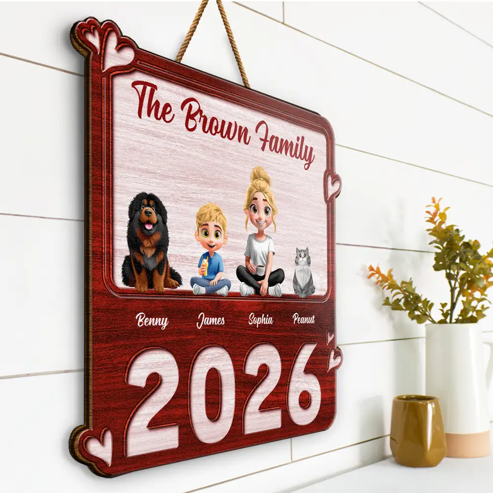 3D Effect Family Sitting Together - Personalized Custom Shaped Wood Sign - Image 2