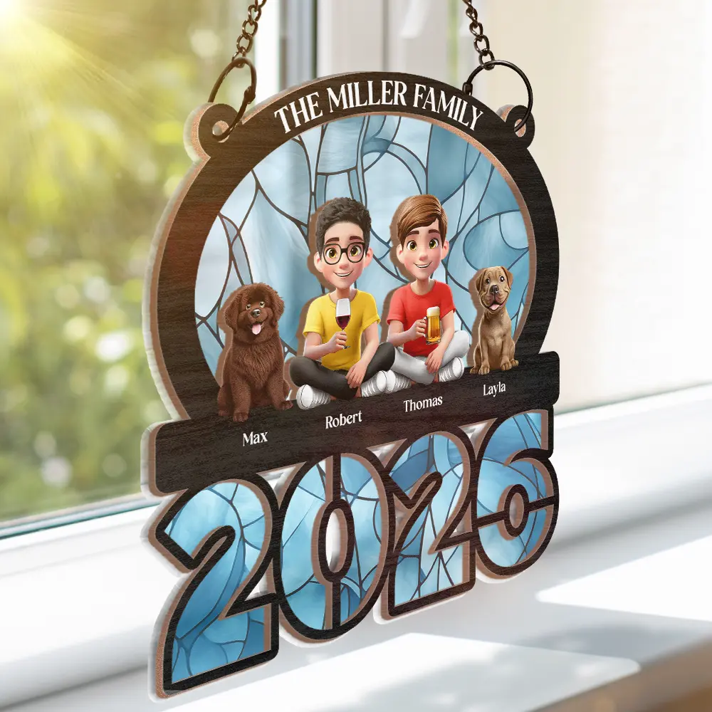 3D Effect Family Sitting Together - Personalized Window Hanging Suncatcher Ornament - Image 3