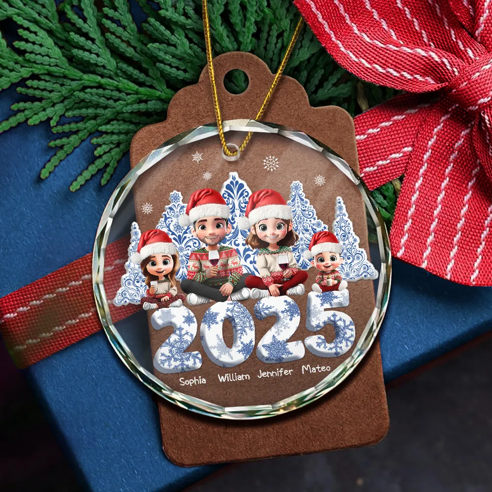 3D Effect Family Toile De Jouy Christmas Trees For Parent, Kid, Baby - Personalized Circle Glass Ornament - Image 5