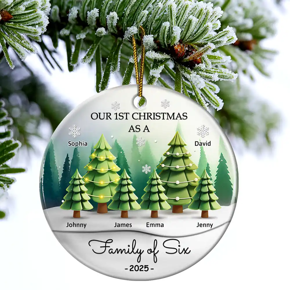 3D Effect First Christmas As A Family Of Three - Personalized Circle Ceramic Ornament - Image 4