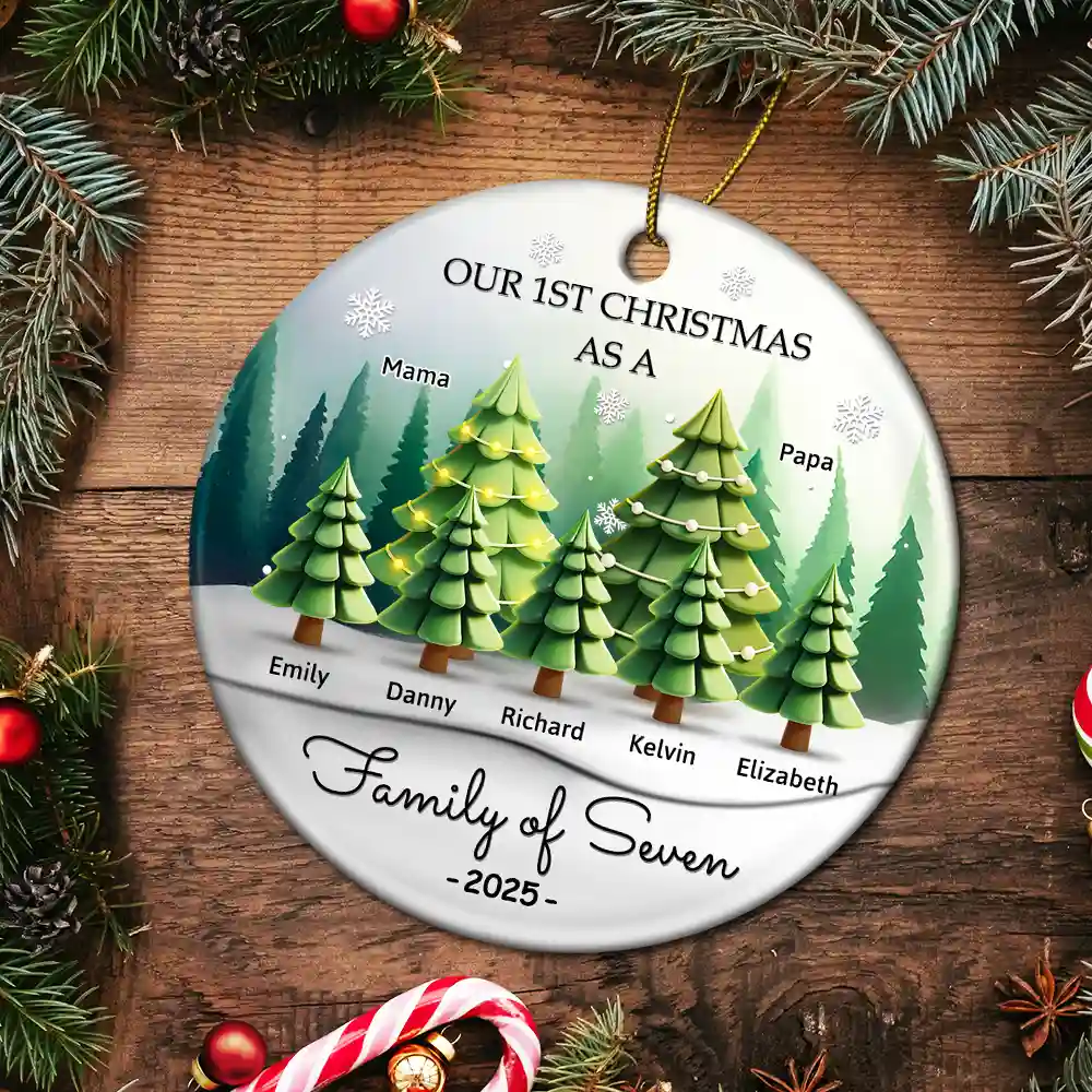 3D Effect First Christmas As A Family Of Three - Personalized Circle Ceramic Ornament - Image 5