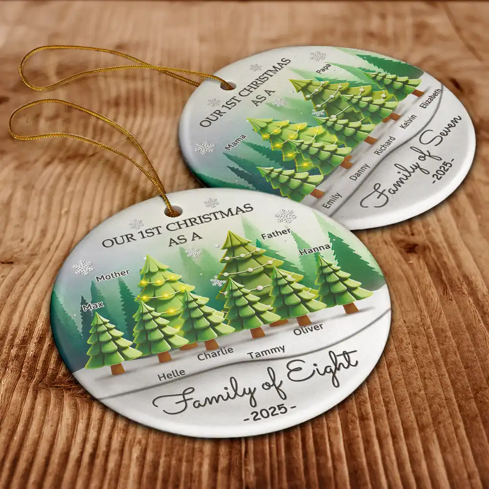 3D Effect First Christmas As A Family Of Three - Personalized Circle Ceramic Ornament - Image 6