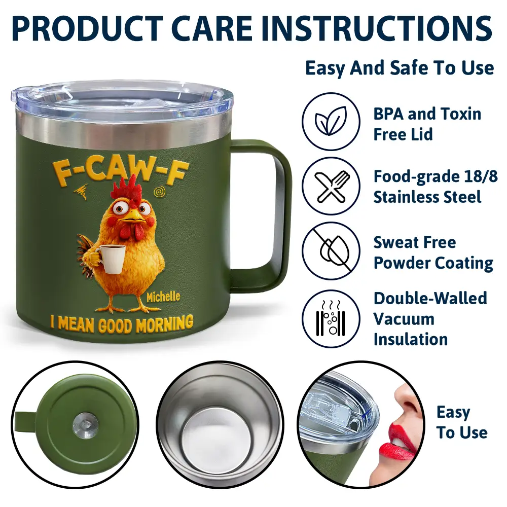 3D Effect Funny Chicken F-Caw-F I Mean Good Morning - Personalized 14oz Stainless Steel Tumbler With Handle - Image 6