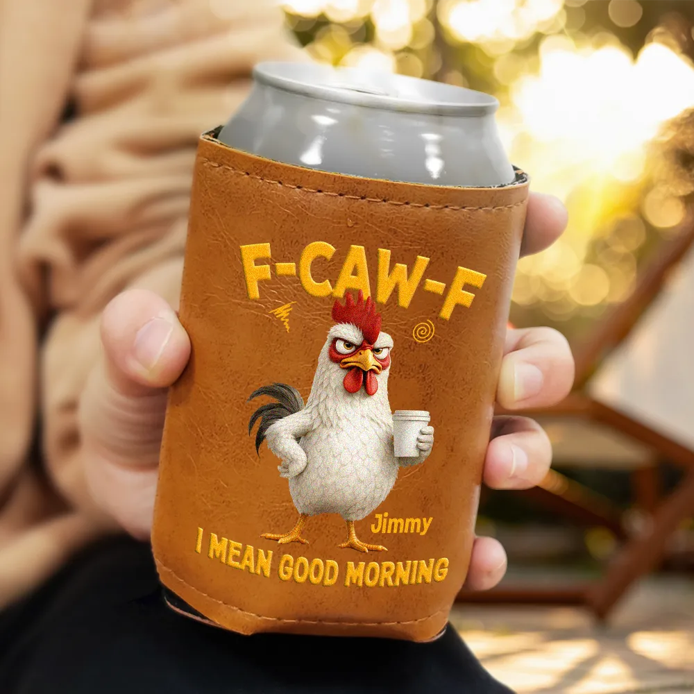 3D Effect Funny Chicken F-Caw-F I Mean Good Morning - Personalized Leather Can Cooler - Image 3