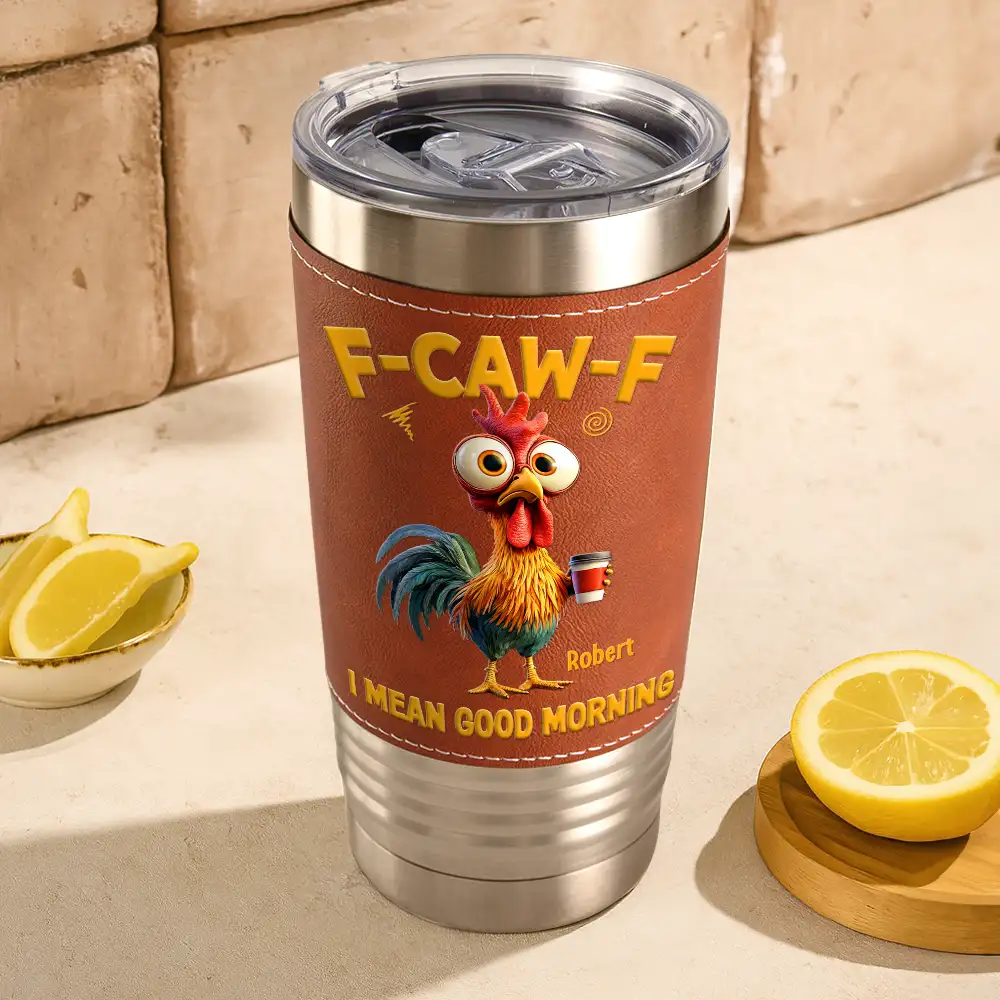 3D Effect Funny Chicken F-Caw-F I Mean Good Morning - Personalized Leather Tumbler - Image 3