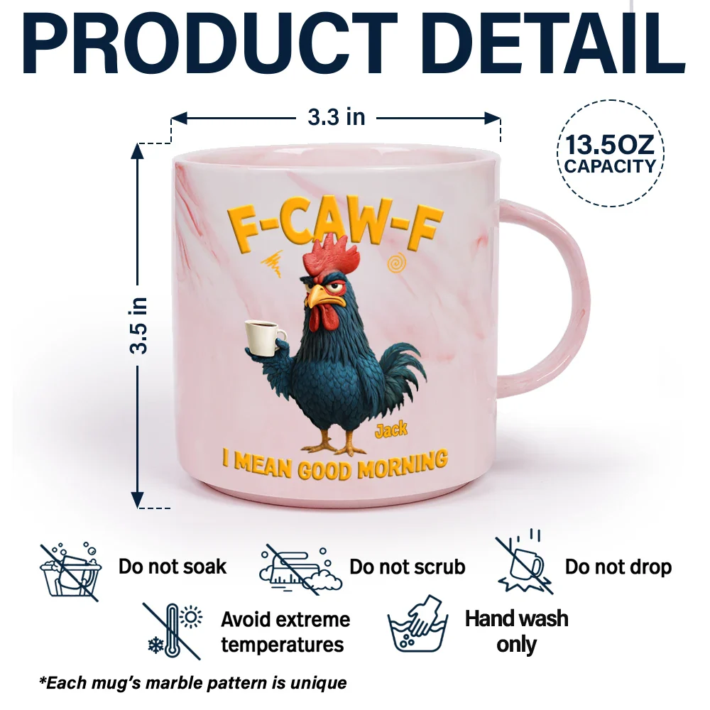 3D Effect Funny Chicken F-Caw-F I Mean Good Morning - Personalized Marble Mug - Image 5