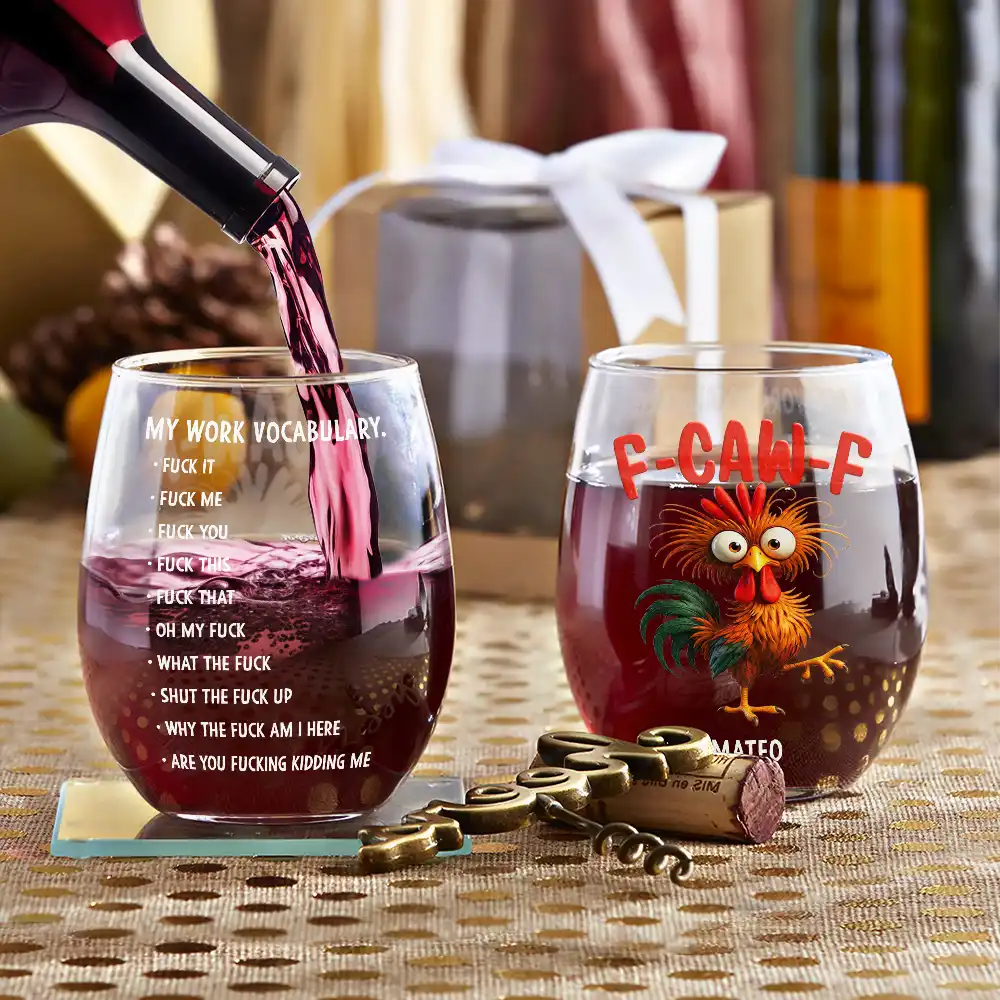 3D Effect Funny Chicken F-CAW-F My Work Vocabulary - Personalized Stemless Wine Glass - Image 3
