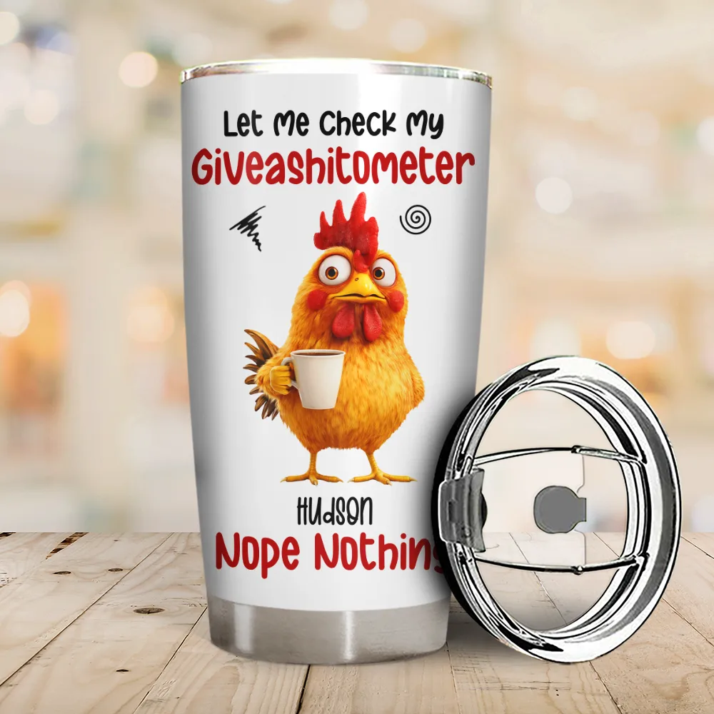 3D Effect Funny Chicken Let Me Check My Giveashitometer - Personalized Tumbler - Image 2