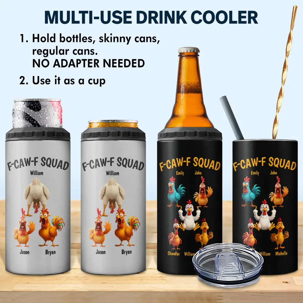 3D Effect Funny Chickens F-CAW-F Squad - Personalized 4 In 1 Can Cooler Tumbler - Image 2