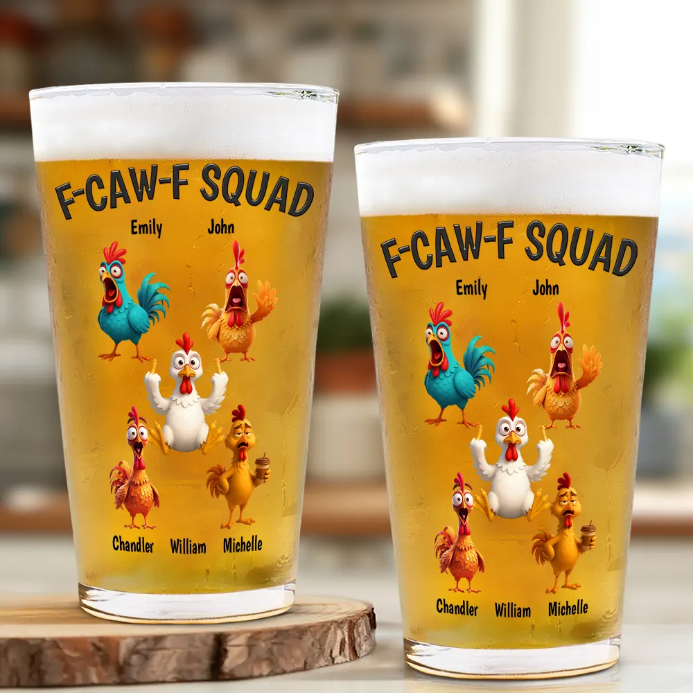 3D Effect Funny Chickens F-CAW-F Squad - Personalized Beer Glass - Image 2