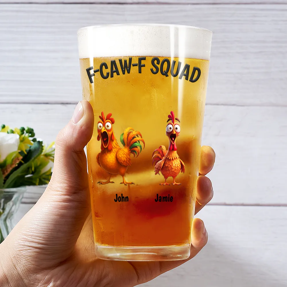 3D Effect Funny Chickens F-CAW-F Squad - Personalized Beer Glass - Image 3