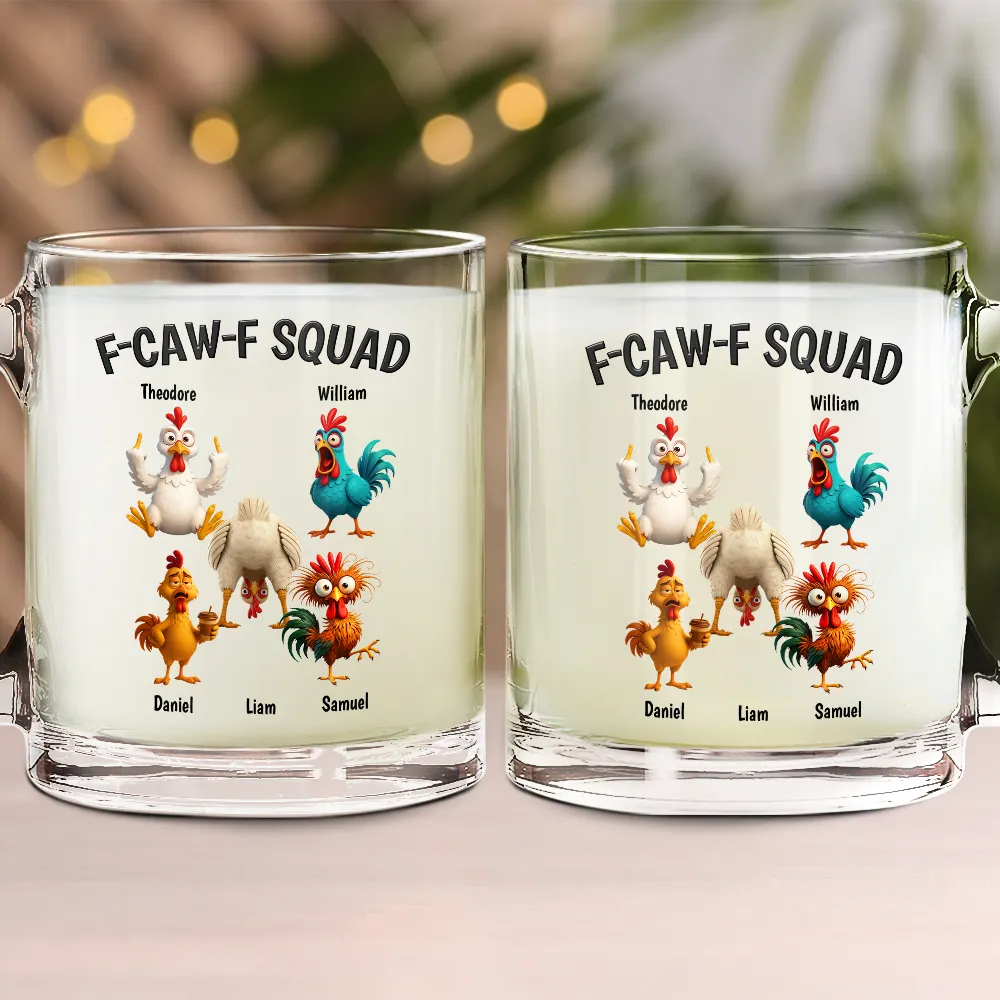 3D Effect Funny Chickens F-CAW-F Squad - Personalized Glass Mug - Image 2
