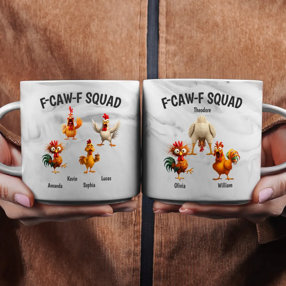 3D Effect Funny Chickens F-CAW-F Squad - Personalized Marble Mug - Image 2