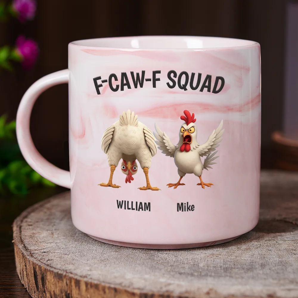 3D Effect Funny Chickens F-CAW-F Squad - Personalized Marble Mug - Image 3