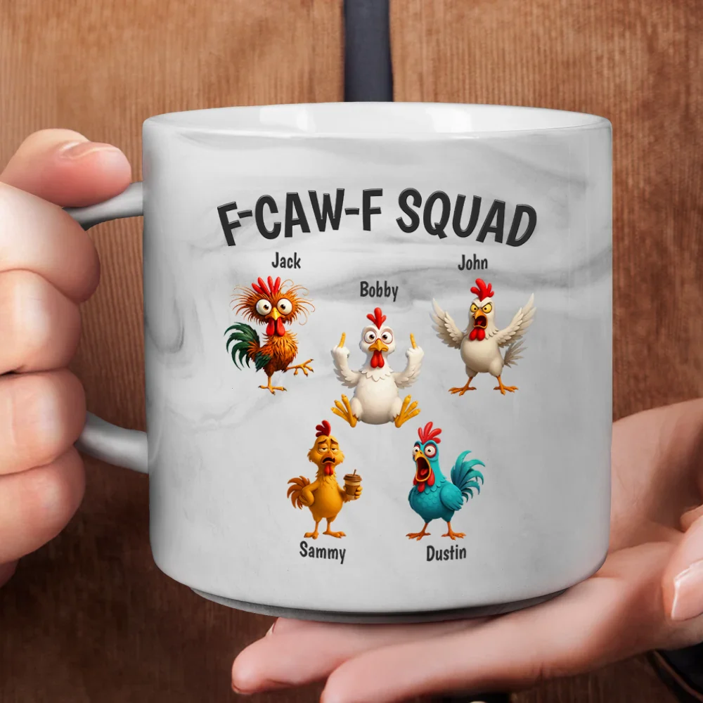 3D Effect Funny Chickens F-CAW-F Squad - Personalized Marble Mug - Image 4