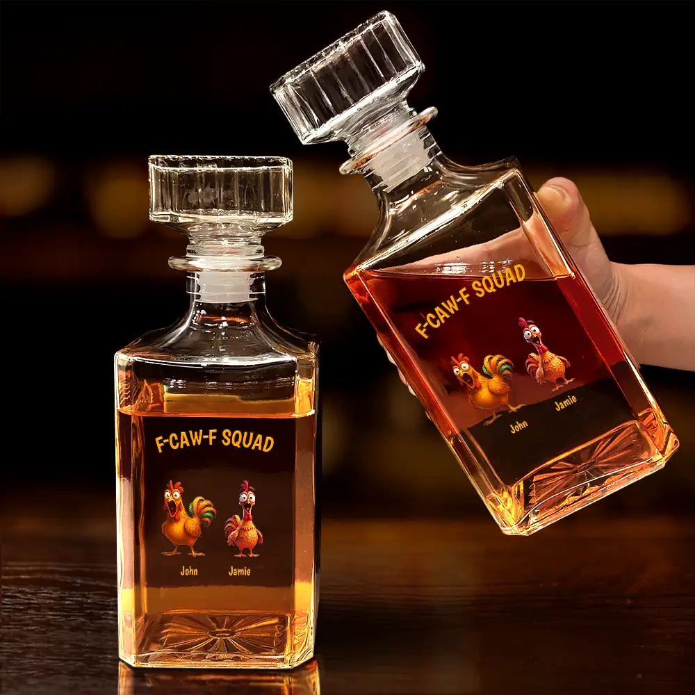 3D Effect Funny Chickens F-CAW-F Squad - Personalized Square Whiskey Bottle - Image 4