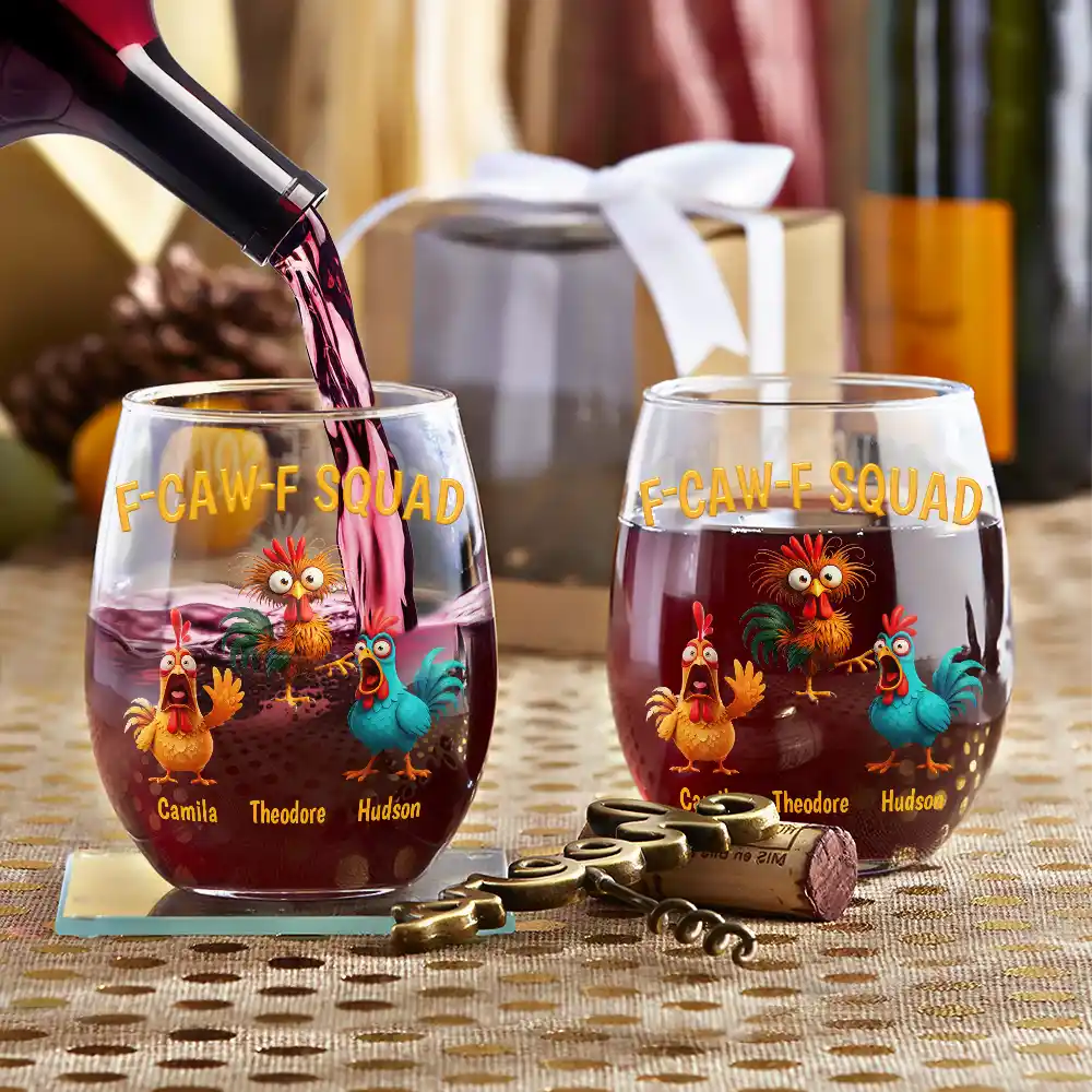 3D Effect Funny Chickens F-CAW-F Squad - Personalized Stemless Wine Glass - Image 3